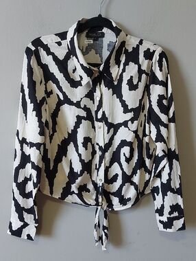 Rachel Zoe‎ Abstract Linen Blend Chic Tie-Front Crop Hem Button Down Shirt Large